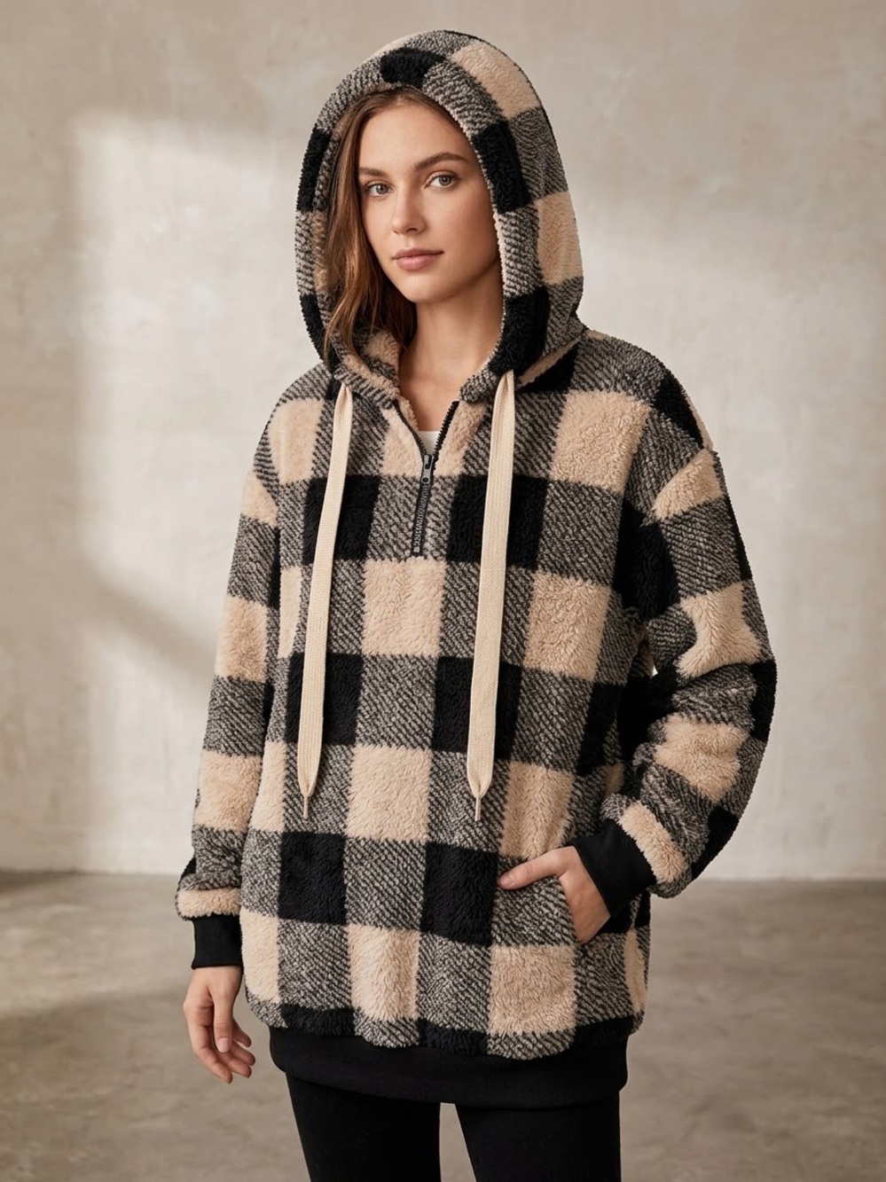 NWOT Plaid Sherpa Fleece Oversized Hoodie Quarter Zip Medium
